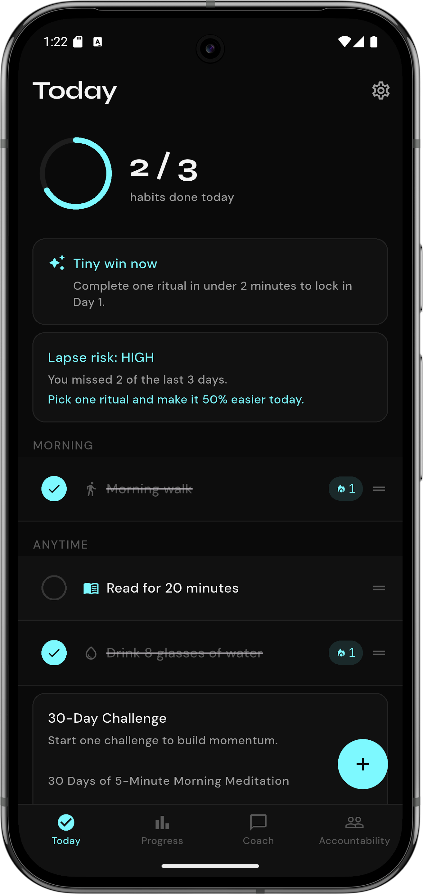 Rite Today screen showing habits and completion progress
